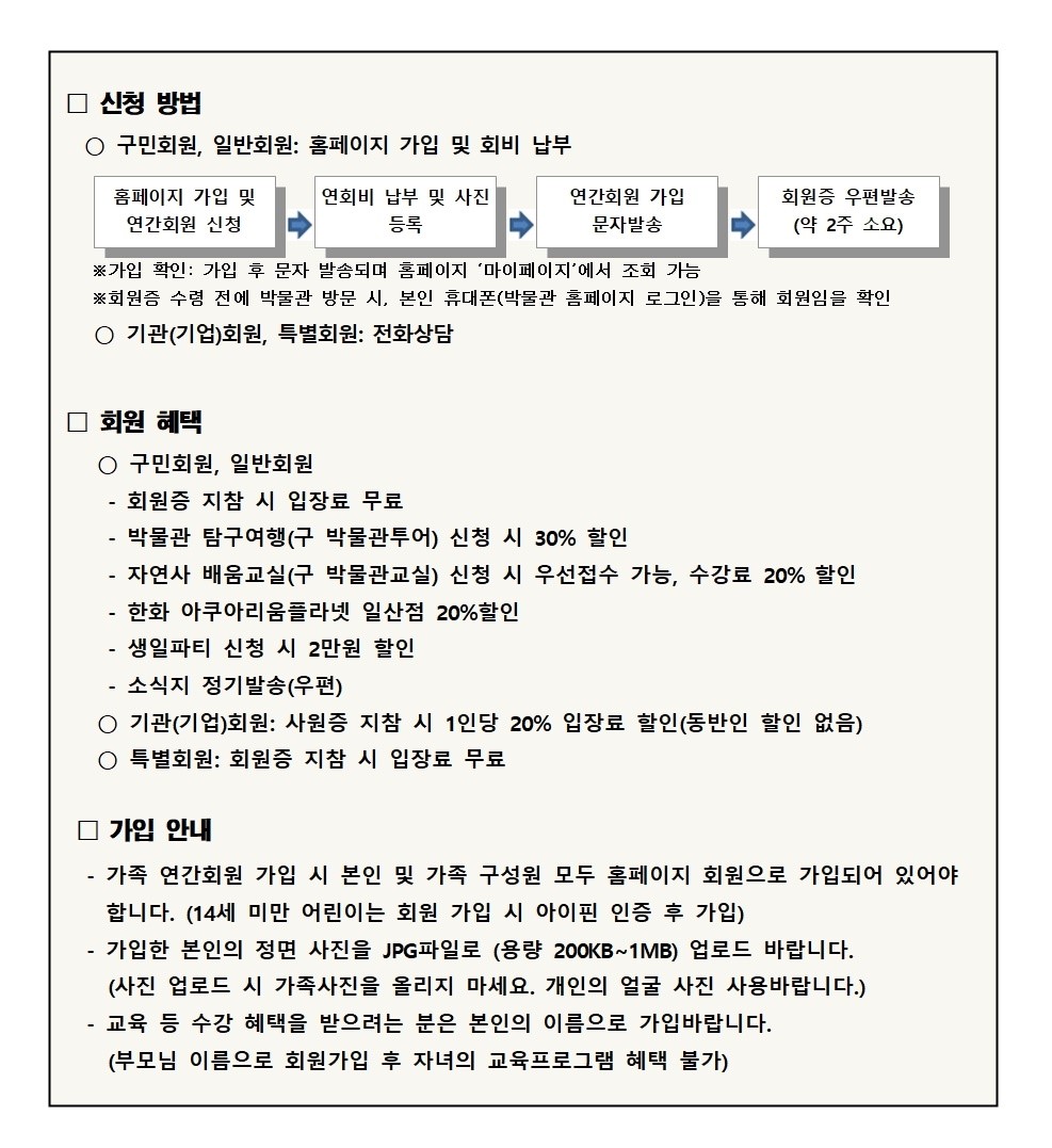 신청 방법 ○구민회원, 일반회원: 홈페이지 가입 및 회비 납부 홈페이지 가입 및 연간회원 신청 |연회비 납부 및 사진 등록 연간회원 가입 회원증 우편발송 (약 2주 소요) 문자발송 ※가입 확인: 가입 후 문자 발송되며 홈페이지 '마이페이지'에서 조회 가능 ※회원증 수렴 전에 박물관 방문 시, 본인 휴대폰(박물관 홈페이지 로그인)을 통해 회원임을 확인 ᄋ기관(기업)회원, 특별회원: 전화상담 □ 회원 혜택 ○ 구민회원, 일반회원 회원증 지참 시 입장료 무료 박물관 탐구여행(구 박물관투어) 신청 시 30% 할인 - 자연사 배움교실(구 박물관교실) 신청 시 우선접수 가능, 수강료 20% 할인 한화 아쿠아리움플라넷 일산점 20%할인 생일파티 신청 시 2만원 할인 - 소식지 정기발송(우편) о기관(기업)회원: 사원증 지참 시 1인당 20% 입장료 할인(동반인 할인 없음) ○ 특별회원: 회원증 지참 시 입장료 무료 □ 가입 안내 - - 가족 연간회원 가입 시 본인 및 가족 구성원 모두 홈페이지 회원으로 가입되어 있어야 합니다. (14세 미만 어린이는 회원 가입 시 아이핀 인증 후 가입) 가입한 본인의 정면 사진을 JPG파일로 (용량 200KB~1MB) 업로드 바랍니다. (사진 업로드 시 가족사진을 올리지 마세요. 개인의 얼굴 사진 사용바랍니다.) 교육 등 수강 혜택을 받으려는 분은 본인의 이름으로 가입바랍니다. (부모님 이름으로 회원가입 후 자녀의 교육프로그램 혜택 불가)