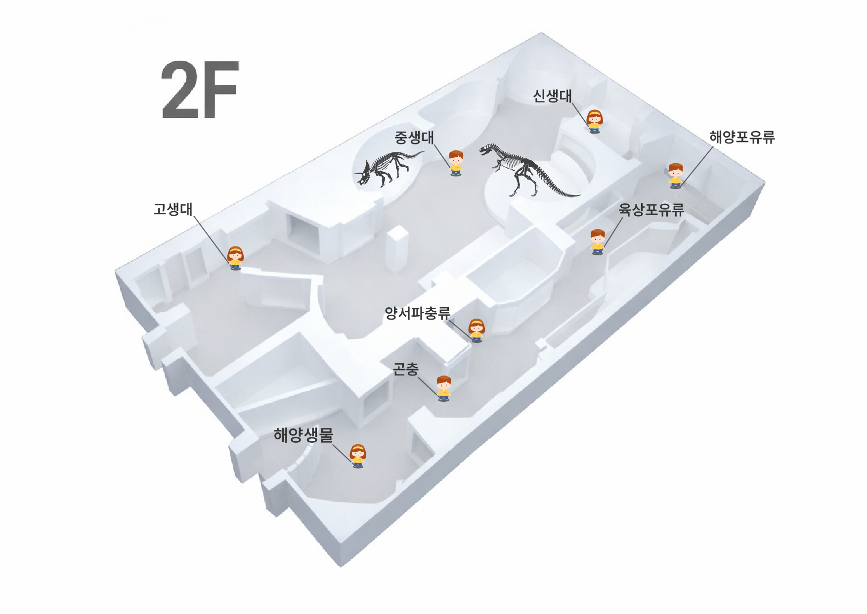 어린이도슨트 활동 위치대지 2F 전시관 - 고생대, 중생대, 신생대, 해양생물, 곤충, 양서파충류, 육상포유류, 해양포유류